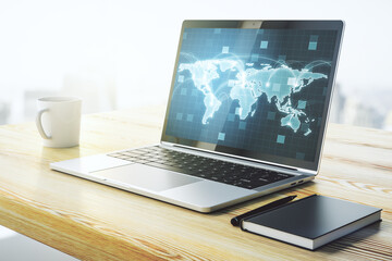Fototapete - Computer monitor with abstract graphic digital world map with connections, globalization concept. 3D Rendering
