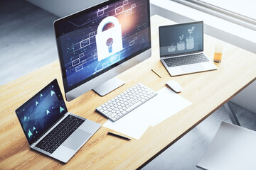 Poster - Creative lock sketch with email symbols hologram on modern laptop monitor, protection of personal data concept. 3D Rendering