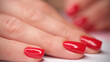 Tender female hand with bright red and smooth manicure