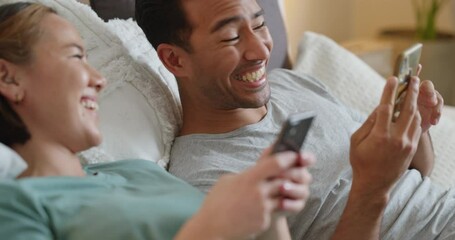 Poster - phone, asian couple and video mobile streaming of people in bed looking at social media app content.