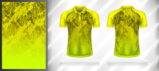 Vector sport pattern design template for Polo T-shirt front and back view mockup. Dark and light shades of yellow color gradient abstract geometric texture background illustration.