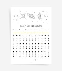 Wall Mural - One page 2023 moon calendar planner. Modern Minimal lunar agenda calendar 2023 poster template design. Vector astronomy design with space element, stars and planets. 