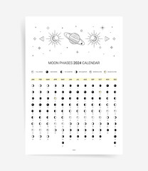 Wall Mural - One page 2024 moon calendar planner. Modern Minimal lunar agenda calendar 2024 poster template design. Vector astronomy design with space element, stars and planets. 