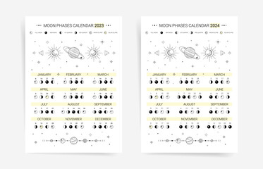 Wall Mural - Set of moon calendar for 2023 and 2024 years. Lunar calendar planner agenda templates. Black and white colors and minimal celestial aesthetic design moon calendars.