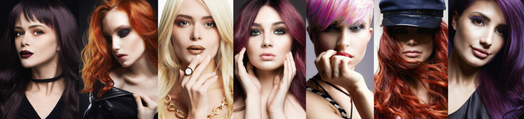 Wall Mural - collage of beautiful women with color hair. make-up and different dyed hairs and hairstyle