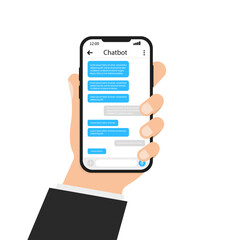 Poster - Hand holding the phone, chat bot on the phone, business strategy. Vector illustration