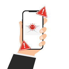 Poster - A hand is holding a phone, a virus on the phone, spam trojan sms. Vector illustration
