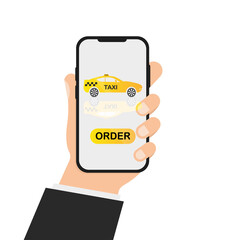 Poster - Hand holding the phone to order a taxi. Vector illustration
