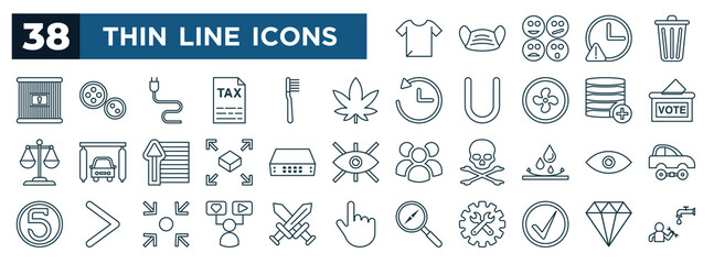 set of most common used web icons in outline style. thin line icons such as t-shirt, prison, marijuana, election, network switch, visibility, r, green tick vector