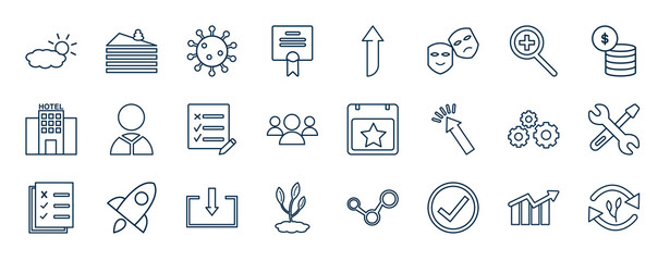 Poster - set of most common used web icons in outline style. thin line icons such as weather, certificate, zoom, employee, event, construction, upload, right vector.