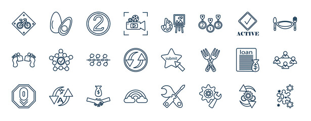 set of most common used web icons in outline style. thin line icons such as bicycle, movies, active, structure, submit, relationship, trade, up vector.