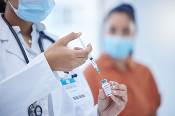 Wall Mural - Vaccine, covid and hospital doctor worker with a patient ready for medicine injection help. Medical clinic healthcare woman consultant in a consultation helping with dengue or corona prevention