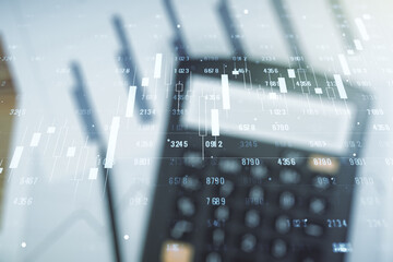Poster - Double exposure of abstract creative statistics data hologram on calculator and papers background, analytics and forecasting concept