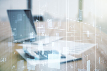 Poster - Double exposure of abstract virtual statistics data hologram on blurry calculator with laptop background, statistics and analytics concept