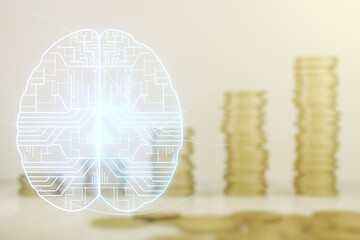 Poster - Double exposure of creative human brain microcircuit hologram on growing coins stacks background. Future technology and AI concept