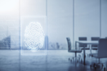 Aufkleber - Multi exposure of virtual abstract fingerprint illustration on a modern conference room background, digital access concept
