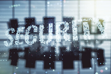 Poster - Virtual cyber security creative concept on a modern furnished office background. Double exposure
