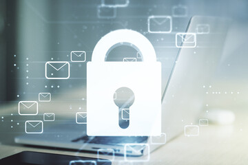 Poster - Creative light lock illustration with postal envelopes on modern computer background, cyber security and email protection concept. Multiexposure