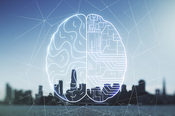 Poster - Virtual creative artificial Intelligence hologram with human brain sketch on San Francisco skyline background. Multiexposure