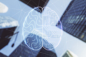 Aufkleber - Virtual creative artificial Intelligence hologram with human brain sketch on modern architecture background. Double exposure