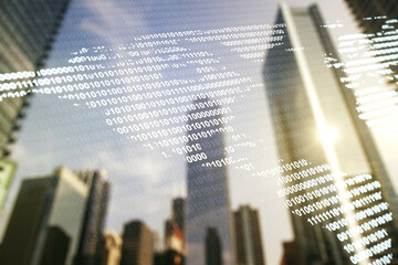 Poster - Virtual digital map of North America on office buildings background, international trading concept. Multiexposure