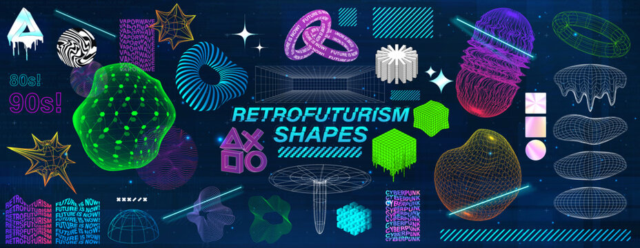 Retrowave and retrofuturistic trendy geometric shapes collection from 80s-90s. Old wave cyberpunk and graphic design elements with gradients colords. 3D shapes with neon and glitch. Vector set	
