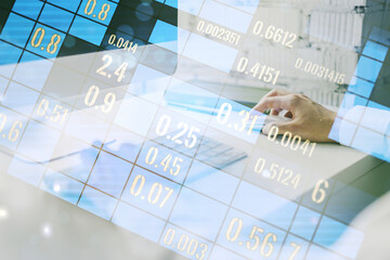 Fototapete - Double exposure of abstract creative statistics data hologram with hands typing on laptop on background, analytics and forecasting concept