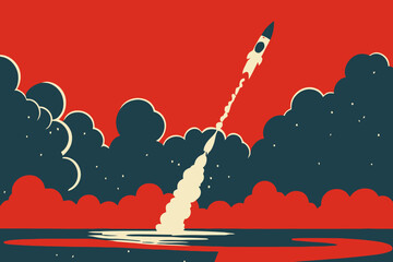 Wall Mural - digital vector illustration of rocket launching and steam trail