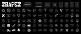 Retrofuturistic graphic pack. Universal geometric shapes - circle, spheres, grid with liquid, glitch effect. Figures from wireframe mesh. Cyberpunk and retro shapes from 80s - 90s. Vector graphic set