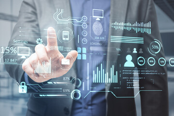 Poster - Close up of man hand pointing at creative glowing business chart interface hologram on blurry office interior background. Company digital data, guide and computer analysis concept. Double exposure.