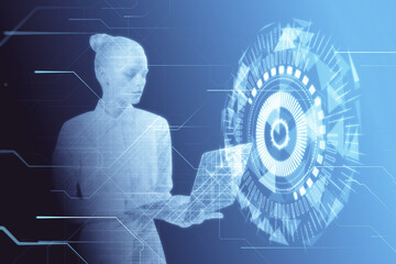 Aufkleber - woman with laptop silholuette with hud screen or button on blurry polygonal background with various details. Artificial intelligence, machine learning and digital transformation concept. 