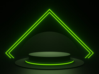 Wall Mural - 3D black geometric podium with green neon lights.