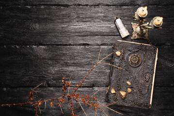 Wall Mural - Old magic book and dry tree branch on the wooden table flat lay background with copy space.