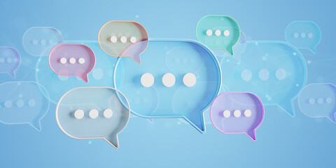 Wall Mural - Minimalist blue red orange green purple speech bubbles talk icons floating over background. Modern conversation or social media messages with shadow. 3D rendering