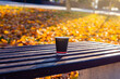 A cup of coffee stands on a bench with autumn leaves. 