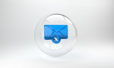 Poster - Blue Delete envelope icon isolated on grey background. Delete or error letter. Cross on message. Rejected mail. Glass circle button. 3D render illustration
