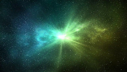 Wall Mural - burst of light in space. night starry sky and bright yellow green galaxy, horizontal background
