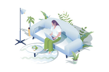 Aufkleber - Freelance work web concept in 3d isometric design. People working on laptops online. Woman works as freelancer at living room of her home and doing tasks remotely online. Vector web illustration.