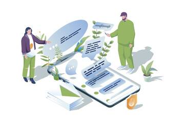 Poster - Messaging service web concept in 3d isometric design. People writes messages and sends using mobile application, chatting with friends, sending emails, online communication. Vector web illustration.