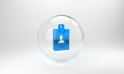 Poster - Blue Identification badge icon isolated on grey background. It can be used for presentation, identity of the company, advertising. Glass circle button. 3D render illustration