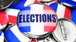 Saint Martin French part and Elections - dozens of pinback buttons with a flag of Saint Martin French part and a word Elections symbolizing upcoming event in this country.,3d illustration