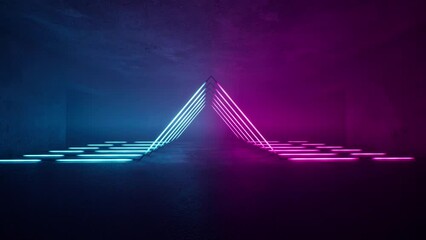 Grunge industrial concrete building interior with violet and blue neon lights 3d rendering