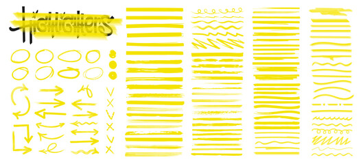 Poster - hand-drawn highlighters brush lines. yellow marker lines, rounds, curves, marks, underline, arrows, 