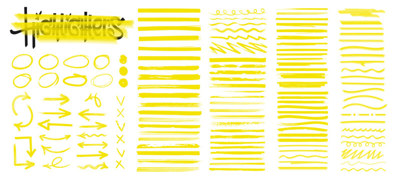 Wall Mural -  - Hand-drawn Highlighters brush lines. Yellow marker lines, rounds, curves, marks, underline, arrows, ticks and crosses. Highlighters set marker underline. Yellow brush lines isolated. Vector set	
