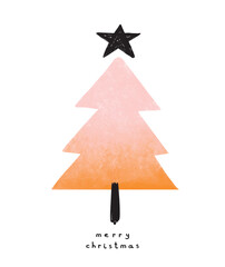 Merry Christmas Vector Card. Pink-orange Crayon Drawing Style Christmas Tree, Black Star and Handwritten Wishes Isolated on a White Background. Christmas Illustration with Xmas Tree Made of Scribbles.