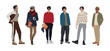 Street fashion men vector realistic illustration. Young men wearing trendy modern street style outfit standing and walking. Cartoon style male characters isolated on white background.