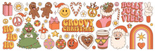 Groovy Hippie Christmas Stickers. Santa Claus, Christmas Tree, Gifts, Rainbow, Peace, Holly Jolly Vibes, Ho Ho Ho, Coffee, Gingerbread In Trendy Retro Cartoon Style. Cartoon Characters And Elements.