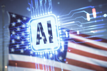 Poster - Abstract virtual artificial Intelligence symbol hologram on USA flag and sunset sky background. Multiexposure
