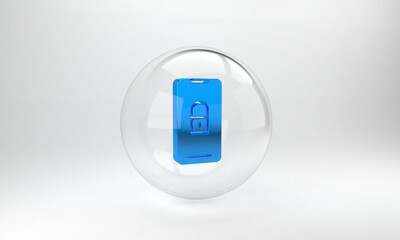 Poster - Blue Smartphone with closed padlock icon isolated on grey background. Phone with lock. Mobile security, safety, protection concept. Glass circle button. 3D render illustration