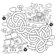 Sticker - Maze or Labyrinth Game. Puzzle. Tangled road. Coloring Page Outline Of cartoon pirate ship with treasure island. Coloring book for kids.